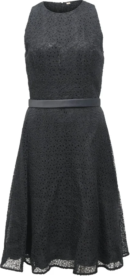 Lace Detail Midi Flared Dress in Black Polyester