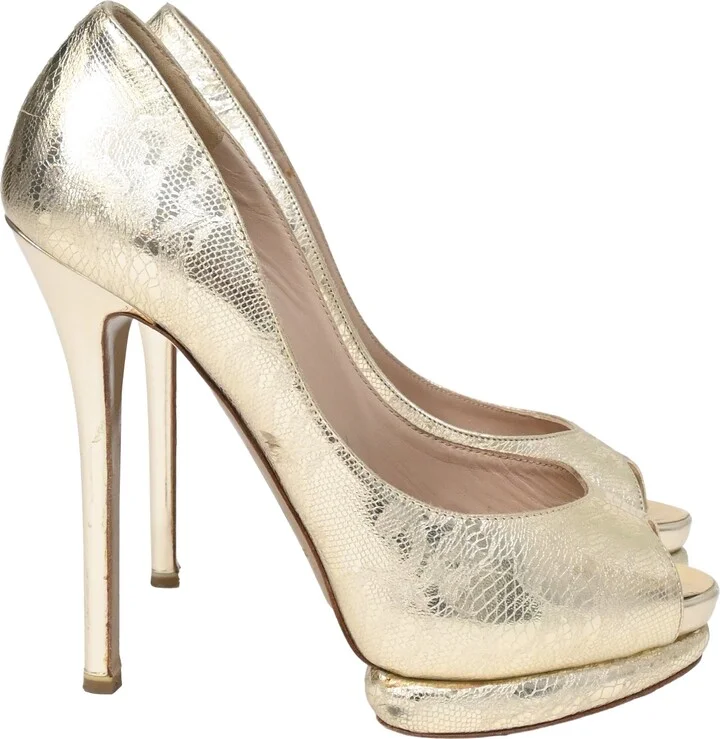 Lace Detail Peep-Toe Pumps in Metallic Gold Leather