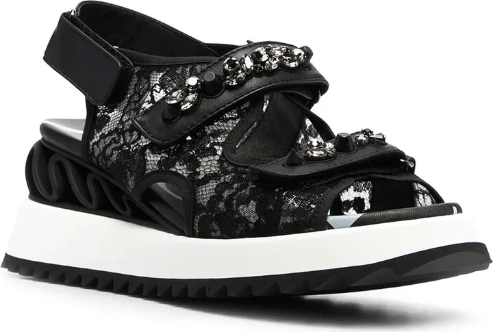 Lace-Embroidered Crystal-Detail Sandals - Image 2