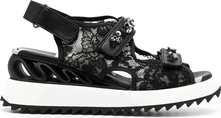 Lace-Embroidered Crystal-Detail Sandals