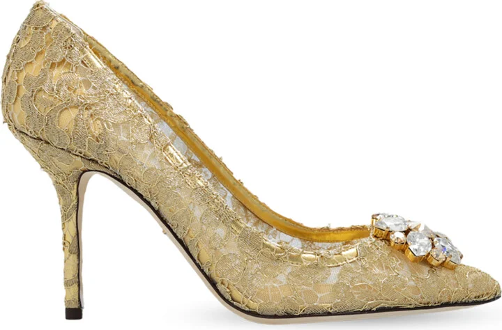 Lace Stiletto Pumps, , - Gold