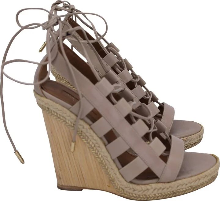 Lace-Up Amazon Wedge Sandals in Beige Calfskin Leather