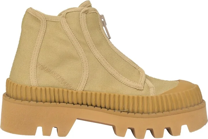 Lace-Up Ankle Boots in Beige Canvas