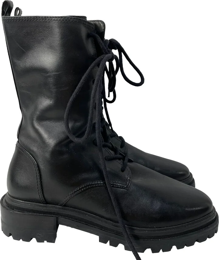 Lace-Up Ankle Combat Boots in Black Leather