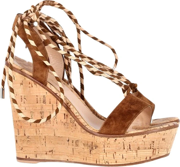 Lace-Up Cork Wedge Sandals in Brown Suede