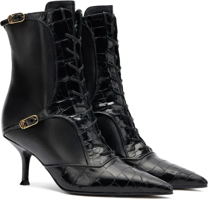 Lace-Up Crocodile-Effect Ankle Boots - Image 2