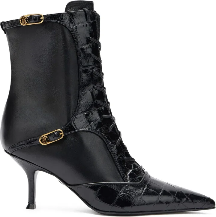 Lace-Up Crocodile-Effect Ankle Boots