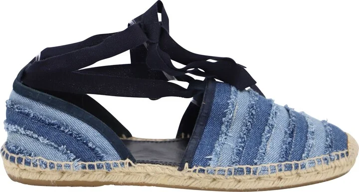 Lace Up Dolphin Espadrille Flats in Blue Denim