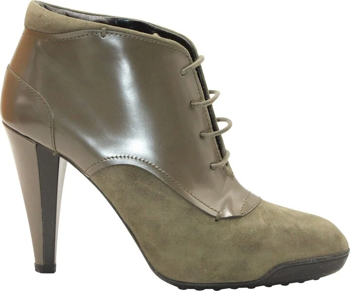 Lace-Up High Heel Boots in Olive Suede and Leather
