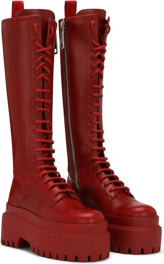 Lace-Up Knee-High Leather Boots - Image 2