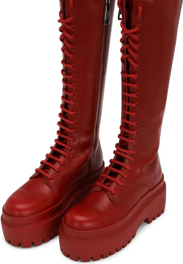 Lace-Up Knee-High Leather Boots - Image 4