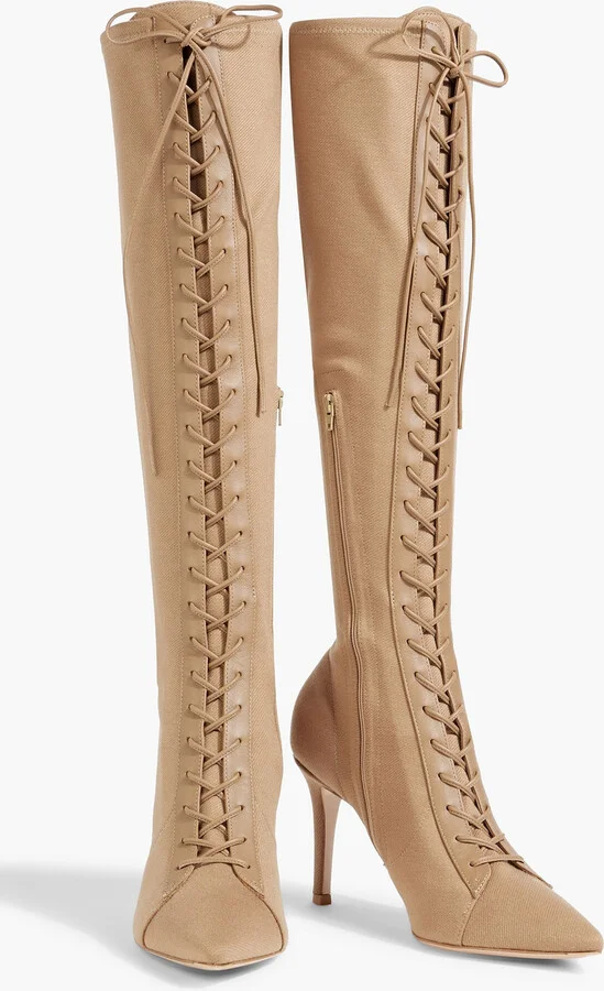 Lace-up leather-trimmed twill knee boots - Image 2