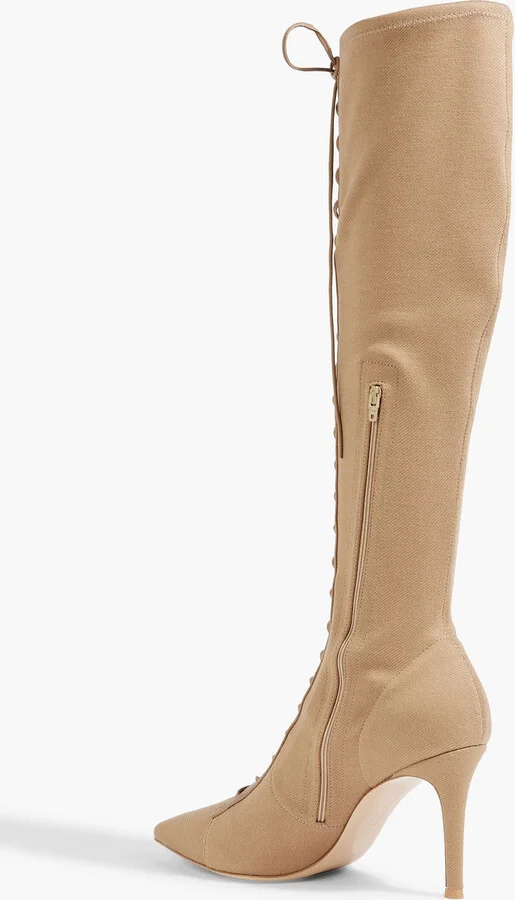 Lace-up leather-trimmed twill knee boots - Image 3