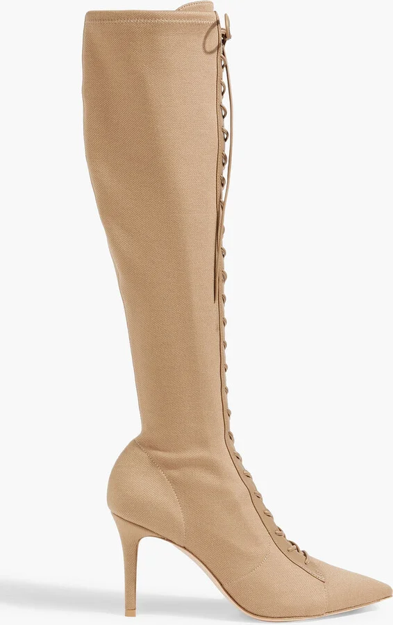 Lace-up leather-trimmed twill knee boots