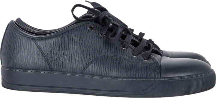 Lace-Up Low-Top Sneakers in Navy Blue Leather
