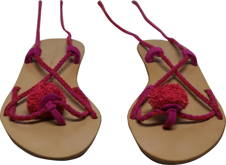 Lace Up Pompom Sandals in Brown Leather