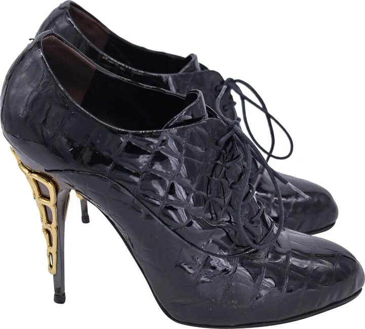 Lace-Up Quilted High Heel Ankle Boots in Black Patent Leather