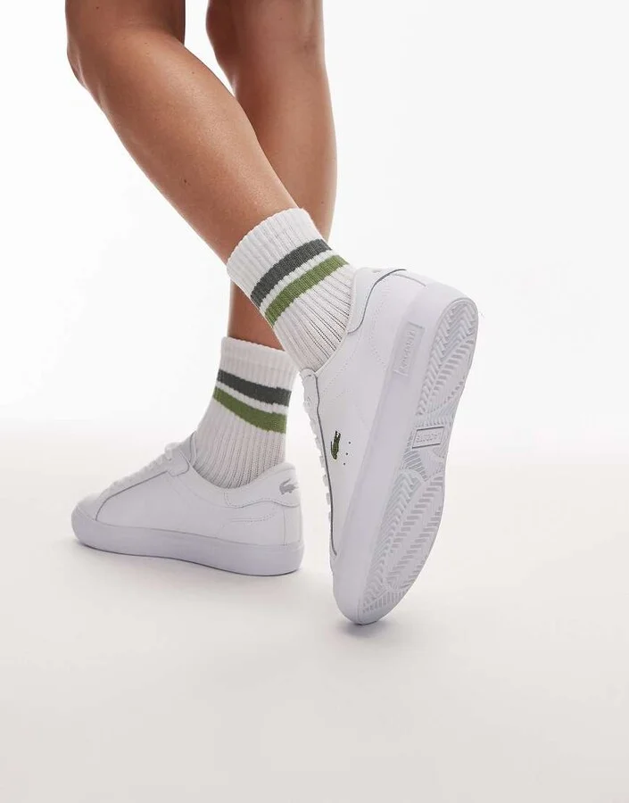 Lacoste powercourt leather logo sneakers in white - Image 3