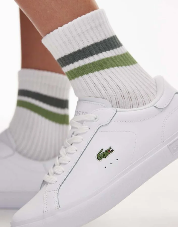 Lacoste powercourt leather logo sneakers in white - Image 4