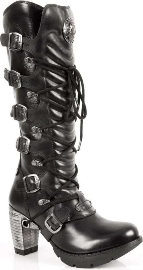 Ladies Black Buckle Laced Knee-High Boots- TR004-S1