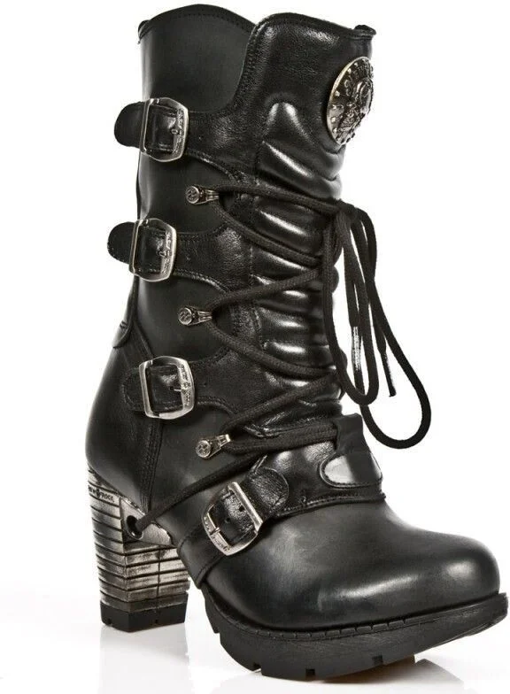 Ladies Black Leather Metallic Gothic Boots- TR003-S1