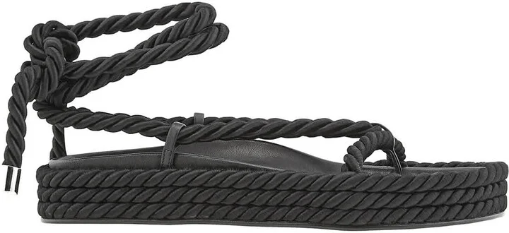 Ladies Black Tether Rope Ankle-Wrap Flat Sandals