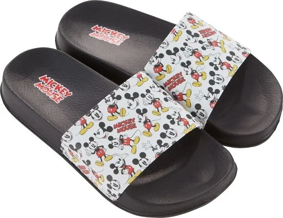 Ladies Minnie and Mickey Slides - Ladies Classic Mickey and Minnie Mouse Slide Sandals - Disney Mickey & Minnie Mouse Slip On Slides (Black White, )