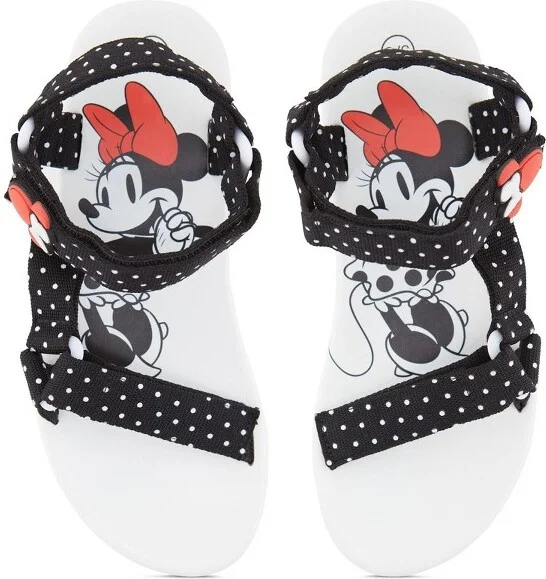 Ladies Minnie Mouse Strap Sandals - Ladies Classic Minnie Mouse Double Strap Sandals - Disney Slip On Sandal Shoes (White Black, 9/10) - Image 2
