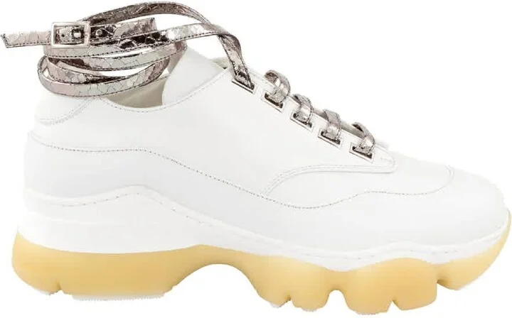 Ladies White / Inox Calfskin Python Lace-up Buckle Sneakers