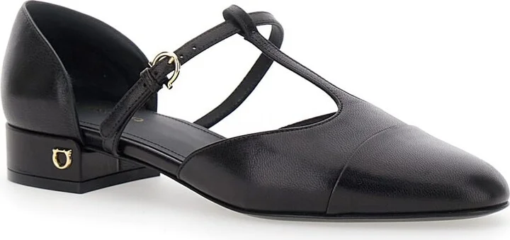 'lainette' Black Ballet Shoes With T-strap And Round Toe In Leather Woman
