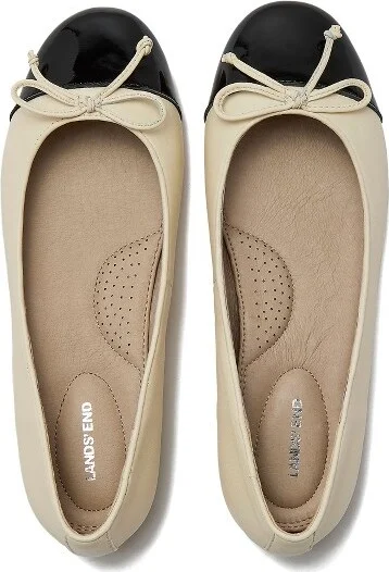Lands' End Women's Essential Leather Cap Toe Ballet Flats - 9.5 - Ivory/Black - Image 2