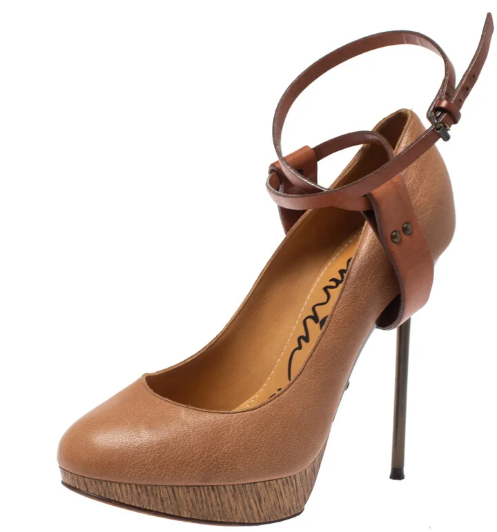 Lanvin Beige/Brown Leather Ankle Strap Platform Pumps 39