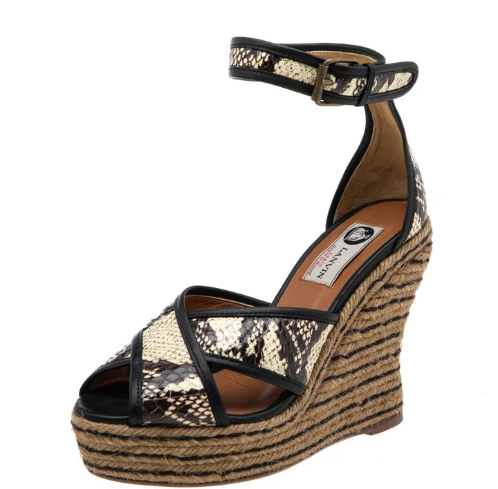Lanvin Beige/Brown Python Embossed Leather Platform Wedge Sandals Size 37