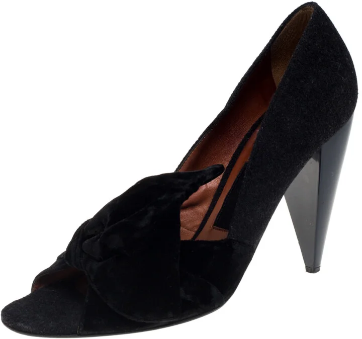 Lanvin Black Felt And Velvet Bow Embellished Open Toe Pumps Size 40