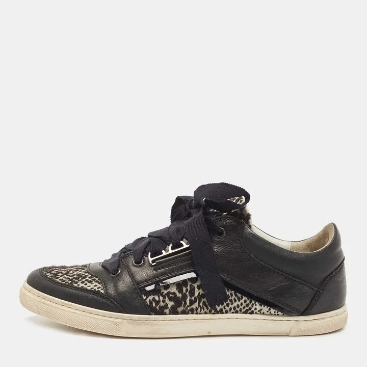 Lanvin Black Leather and Fabric Low Top Sneakers Size 38