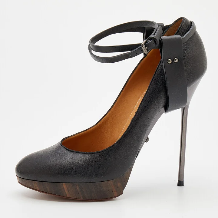 Lanvin Black Leather Ankle Strap Platform Pumps Size 40