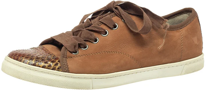 Lanvin Brown Nubuck Leather And Glitter Python Cap Toe Sneakers Size 39.5
