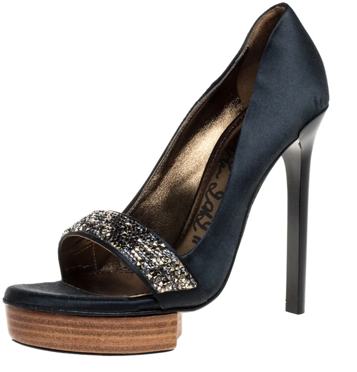 Lanvin Dark Green Satin Crystal Embellished Open Toe Platform Pumps Size 36