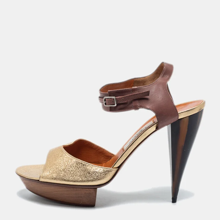 Lanvin Gold/Brown Leather Ankle Strap Sandals Size 40