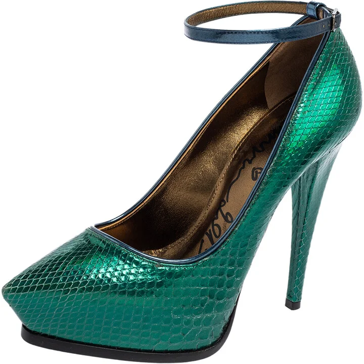 Lanvin Green/Blue Snakeskin Leather Pointed-Toe Ankle-Strap Pumps Size 38