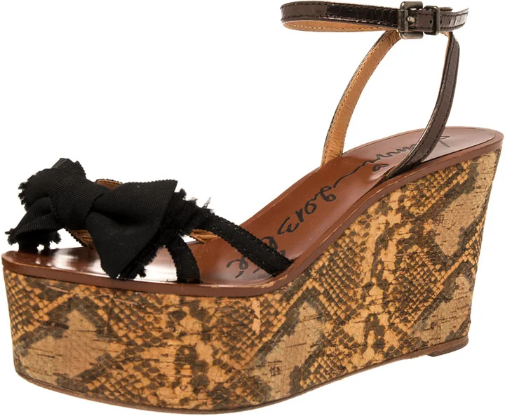 Lanvin Metallic/Black Canvas and Leather Bow Python Print Platform Wedge Sandals Size 39