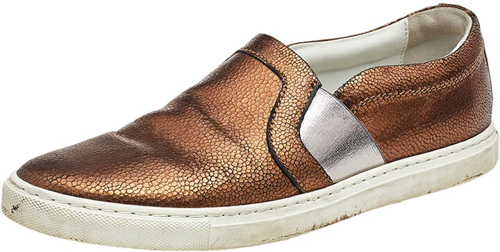 Lanvin Metallic Bronze Texture Leather Slip On Sneakers Size 38