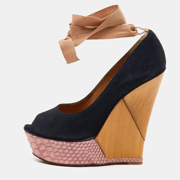 Lanvin Navy Blue/Pink Suede and Snakeskin Ankle Wrap Platform Wedge Pumps Size 38