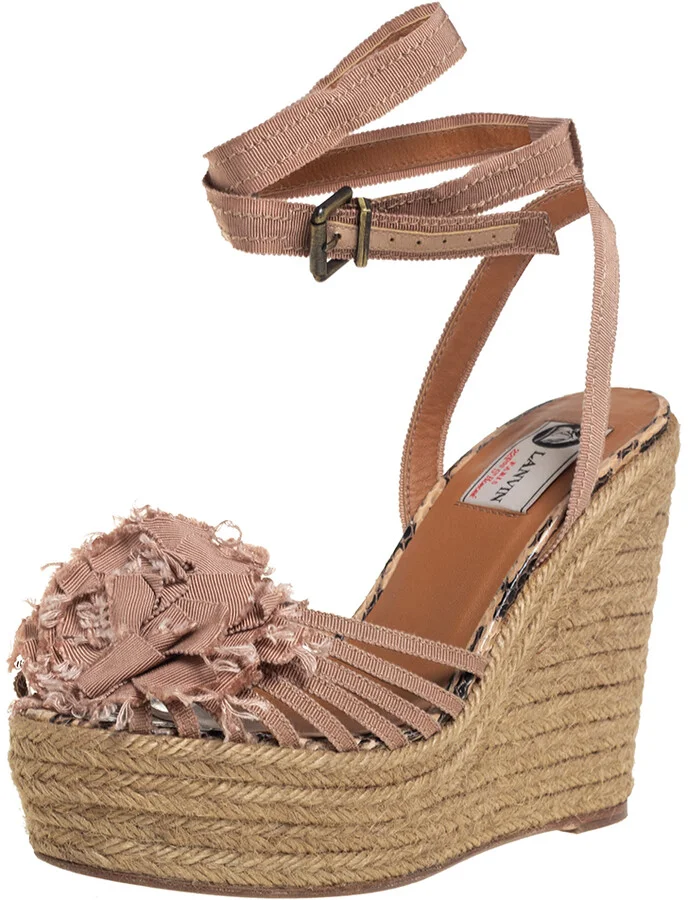 Lanvin Pink Fabric Flower Espadrilles Wedge Size 39