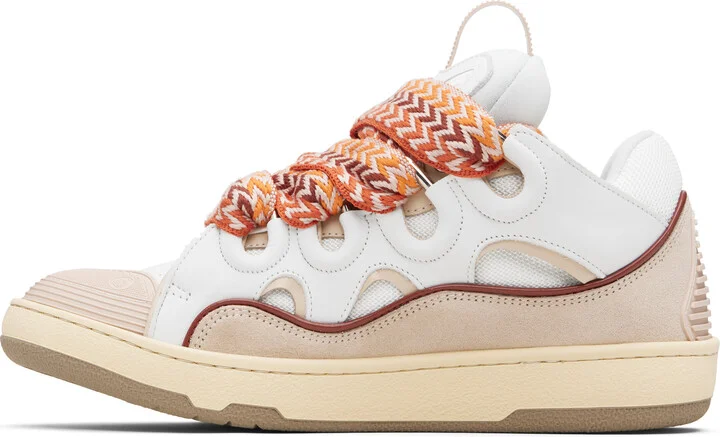 Lanvin White & Beige Curb Leather Sneakers - Image 3