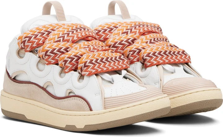 Lanvin White & Beige Curb Leather Sneakers - Image 4