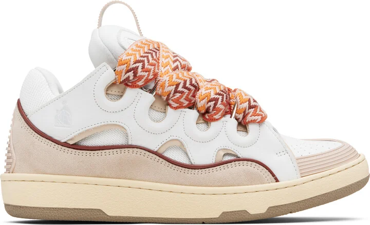 Lanvin White & Beige Curb Leather Sneakers