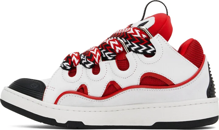 Lanvin White & Red Leather Curb Sneakers - Image 3