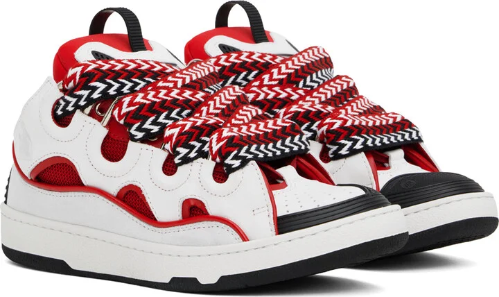 Lanvin White & Red Leather Curb Sneakers - Image 4