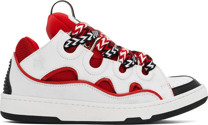 Lanvin White & Red Leather Curb Sneakers
